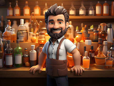 3D illustration of a cartoon character of a bartender in a pub