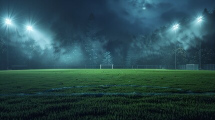 Secluded stadium at night under bright spotlights, soccer field with dark sky and lights, dramatic sports scene, generative AI.