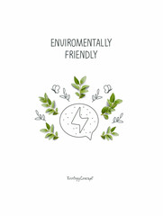 Hand drawn cartoon sign sketch of green energy. Environmentally friendly planet concept. Think Green. Protect the World from pollution concept.