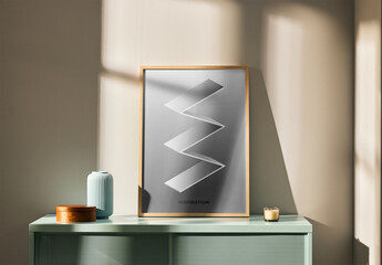 Mockup of vertical picture frame on shelf, customizable