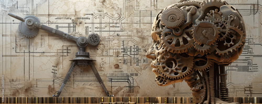 Poster a machine with gears and a head with gears on it