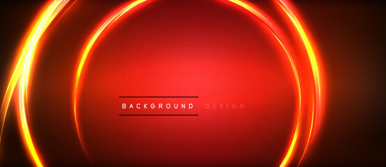 Neon glowing circle rays, light round lines in the dark, planet style neon wave lines. Energetic electric concept design for wallpaper, banner, background