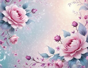 This stock image features a delicate array of pastel pink roses and buds set against a soft, dreamy background with a vintage touch.. AI Generation