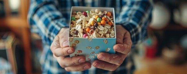 Hands holding a beautifully designed box of cereal, with a smiling face in the background, perfect for promoting a healthy start to the day in the workplace