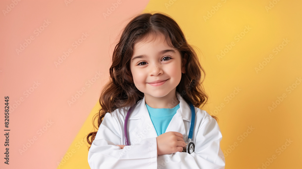 Wall mural a cute happy smiling young latin girl dresses like a doctor wearing stethoscope and lab coat on a pl