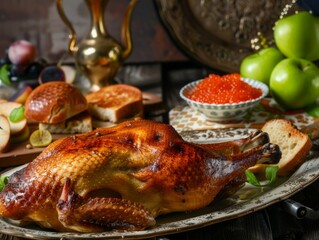 Delicious Delights: a Luxurious Still Life Featuring Baked Goose, Green Apples, and Savory Sandwiche