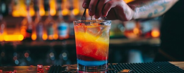 Multicolored cocktail being prepared at a stylish bar with ambient lights in the background, showcasing mixology art.