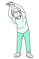 ストレッチをするシニア女性のイラスト（半袖）