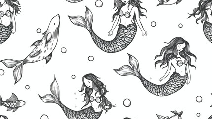 Seamless pattern with swimming mermaids hand drawn 