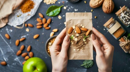 Person holding a paper bag with almonds, surrounded by various nuts, seeds, spices, and green apple on a rustic table. - Powered by Adobe