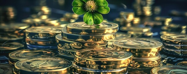 A lucky green clover sitting atop a towering stack of gold coins in a bright, sunny setting, representing fortune and success in business