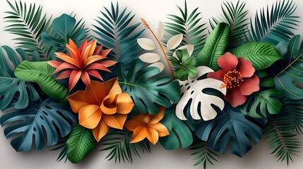 Tropical vertical border with palm leaves, exotic flowers and hummingbirds on a white background. 