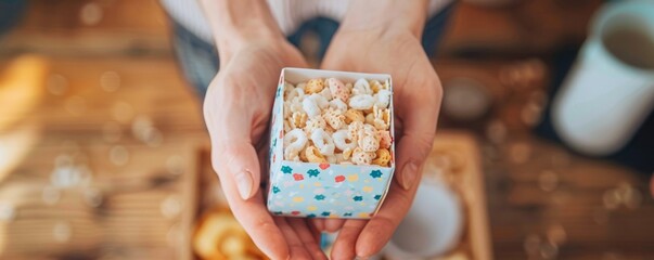Hands holding a beautifully designed box of cereal, with a smiling face in the background, perfect for promoting a healthy start to the day in the workplace