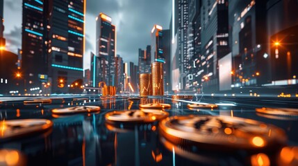 A panoramic view of a bustling financial district after dark, with glowing skyscrapers and coins stacked high to symbolize investment success
