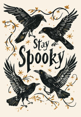 a card with two black birds and the words stay spooky
