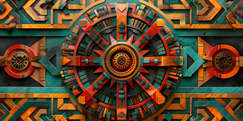 Colorful geometric patterns in Aztec style adorn the surface. 