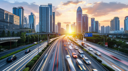 Fototapeta premium Light flow of traffic on a evening highway in a city with modern high buildings