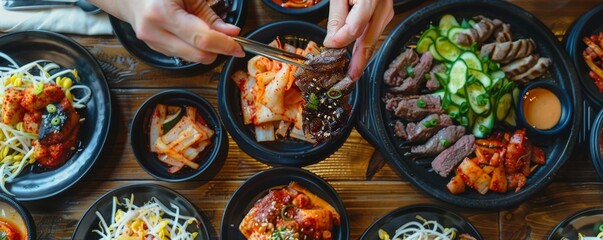 Flat lay of a Korean BBQ dish, hands reaching in to grab, highlighting the vibrant and authentic choice for business professionals