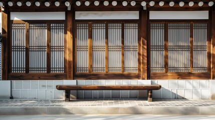 A wooden bench placed in a traditional Korean house. Generative AI