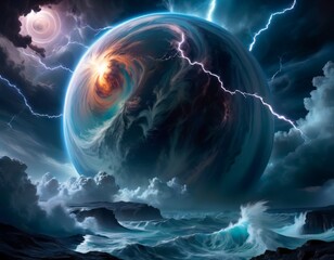 A fantastical giant planet is enveloped in electric storms, with tumultuous seas and lightning strikes illuminating the turbulent atmosphere.. AI Generation