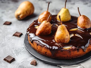 Pear-fection: Decadent Chocolate Pie and Cake with Whole Pears and Glorious Chocolate Glaze on Gray