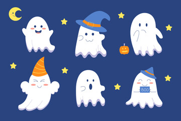 Set of cute spooky ghosts. Funny  boo characters. Magic happy spirit with face expressions for kids and Halloween party. Flat vector illustrations isolated on blue background
