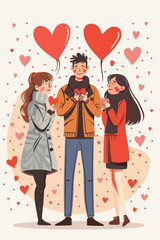  Handsome Man Choosing Between Cute Women Offering Love Hearts Online