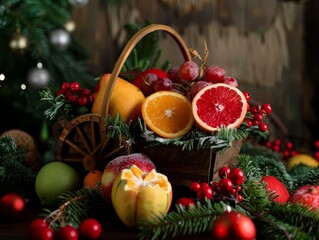 Festive Flavors: A Vibrant Christmas Composition with Fresh Fruits and Fir Branches