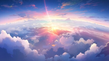 A clear sunset sky with the horizon of the earth and beautiful clouds. Generative AI
