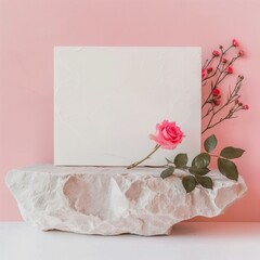 A background decorated with stones, roses, and white canvas painting paper that can be used for the product's mock-up. Generative AI