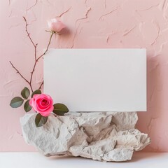 A background decorated with stones, flowers, and white canvas painting paper that can be used for the product's mock-up. Generative AI