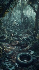 Obraz premium Tangled Thicket Conceals Unlawful Junkyard in Dense Woodland