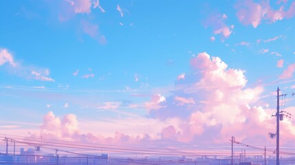 Beautiful pink-toned clouds over the city center and clear sunset skies. Generative AI