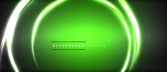 Neon glowing circle rays, light round lines in the dark, planet style neon wave lines. Energetic electric concept design for wallpaper, banner, background