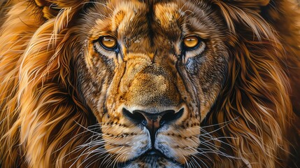 Capture the majestic grace of a lion in a realistic oil painting at eye-level angle, showcasing its powerful gaze and intricate mane with vibrant colors and intricate brush strokes