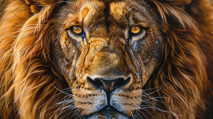 Naklejka premium Capture the majestic grace of a lion in a realistic oil painting at eye-level angle, showcasing its powerful gaze and intricate mane with vibrant colors and intricate brush strokes