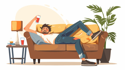  Hangover Concept with Unhappy Man Lying on Couch, Suffering from Alcohol Addiction Headache