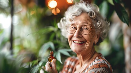 a compelling image with a birds-eye view showcasing a seniors genuine smile while tenderly clasping a cannabis tincture bottle