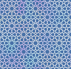 Traditional Islamic seamless pattern. Shiny holographic and blue Turkish background. Mosque window foil gradient grid mosaic texture.