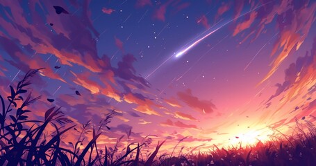 A meteor falling from the beautiful sky over a meadow with visible bushes. Generative AI