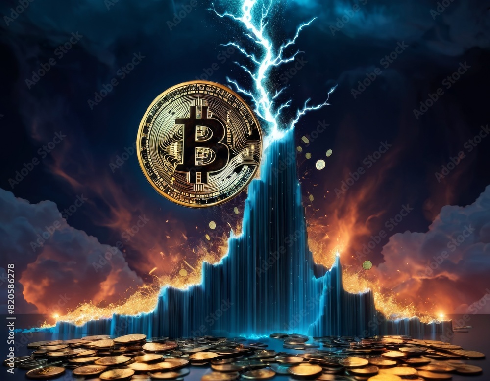 Poster a golden bitcoin symbol towering amid a stormy sky with lightning and a waterfall of coins.. ai gene