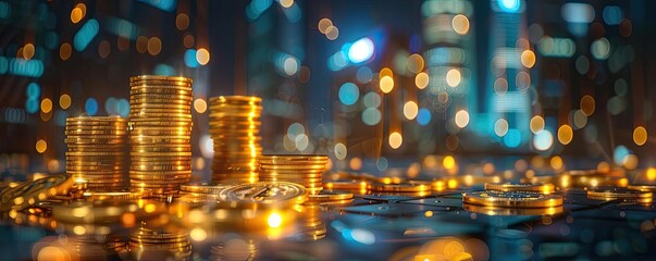 A surreal depiction of a financial district at night, with streets lined with glowing stacks of coins leading toward skyscrapers full of bustling economic activity
