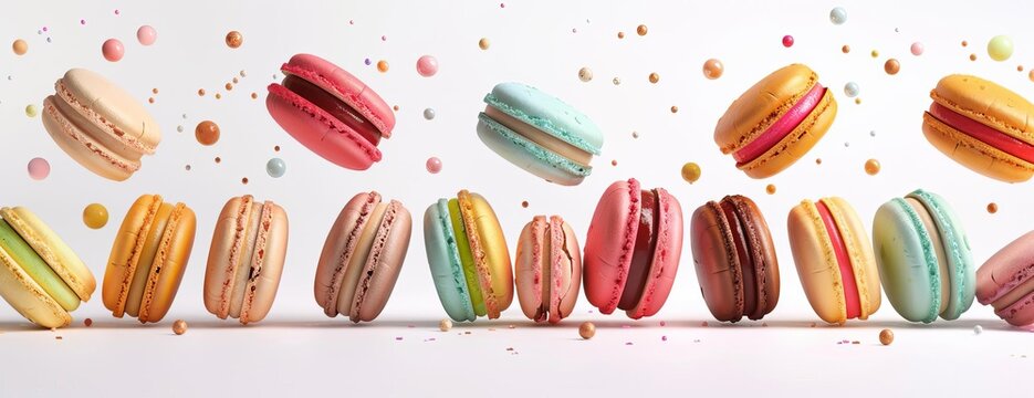 A variety of colorful macarons are artfully arranged on a white background. The image is both visually appealing and delicious.