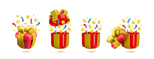 Vector Cartoon 3d festive red gift box set. Cute realistic closed and open present with gold bow, stars and confetti explosion. 3d render prize illustration for winner, birthday, Christmas concept