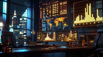 A visionarys workspace with holographic projections of skyscrapers and digital graphs illustrating successful investment strategies