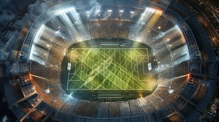 A large football stadium with green grass and spotlights from above. generative AI