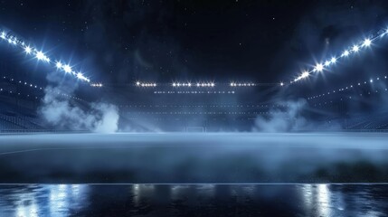 A night stadium for soccer football with spotlights and fog on the stage. Generative AI