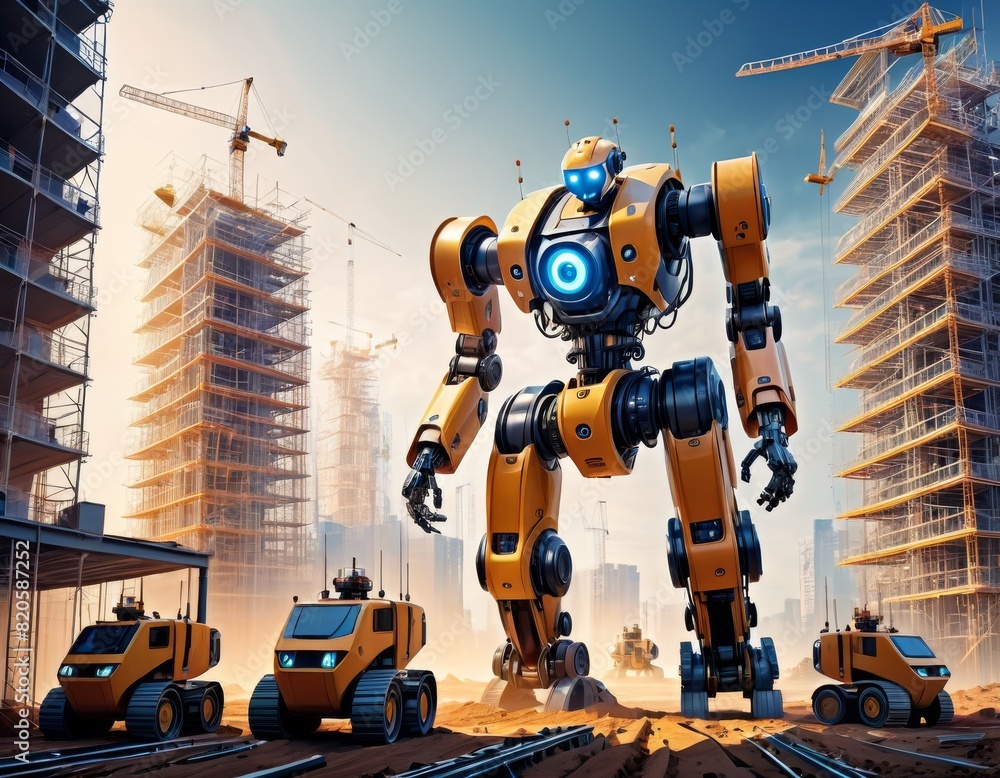 Aufkleber a colossal robot working alongside vehicles at a construction site, with cranes and scaffolding unde