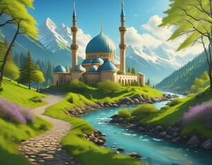 Illustration of Mosque with blue domes and minarets, with a backdrop of mountains and clear rivers