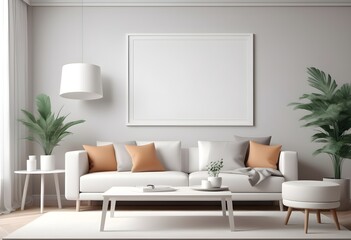 Realistic Frame Mockup ISO A paper size frame with a living room wall poster in a modern, white wall interior design. 3D rendering